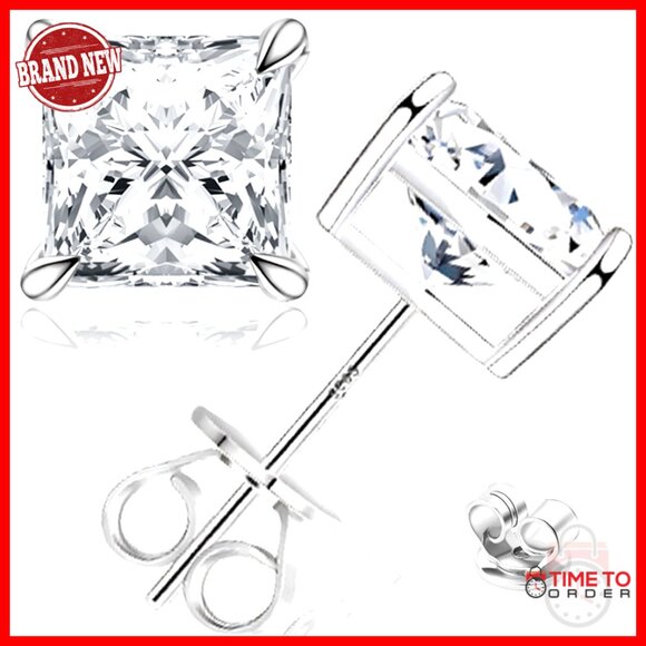 Princess Cut Moissanite Stud Earrings 2ct Sterling Silver 18K Gold Plated